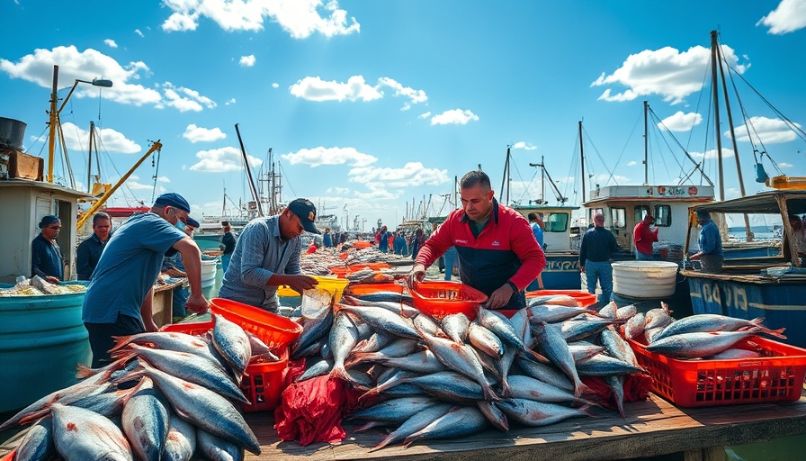 Fishermen handling fresh catch at the dock, ocean acidification impact.