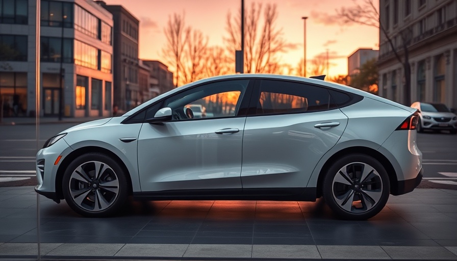 Sleek white electric car in showroom reflecting sunset, Tesla deliveries fall