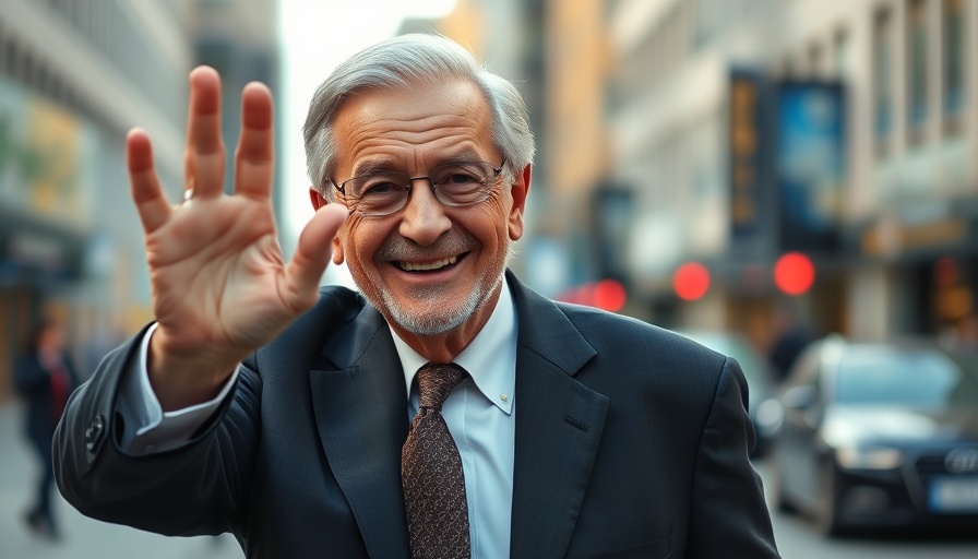 Older man waving in a suit, symbolizing leadership.