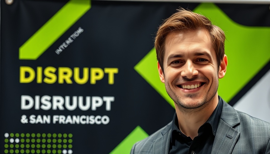 Future of going public event banner featuring a smiling man at TechCrunch Disrupt.