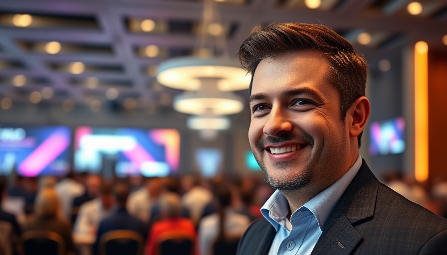 Professional speaker at sustainable business startups event, smiling confidently.