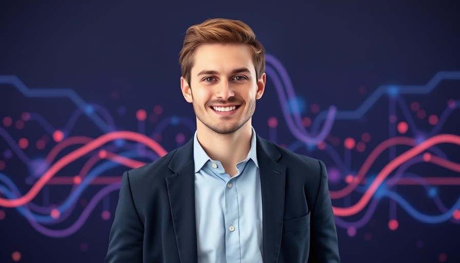 Modern business event banner with smiling young man and tech design