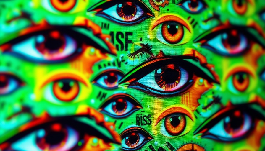 Abstract pattern with glitching eyes highlighting surveillance concerns.