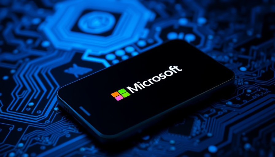Microsoft logo on phone with AI backdrop in digital circuit design.
