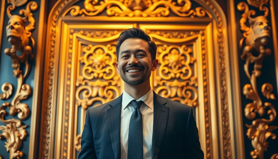 Smiling man in traditional attire in elegant modern setting.