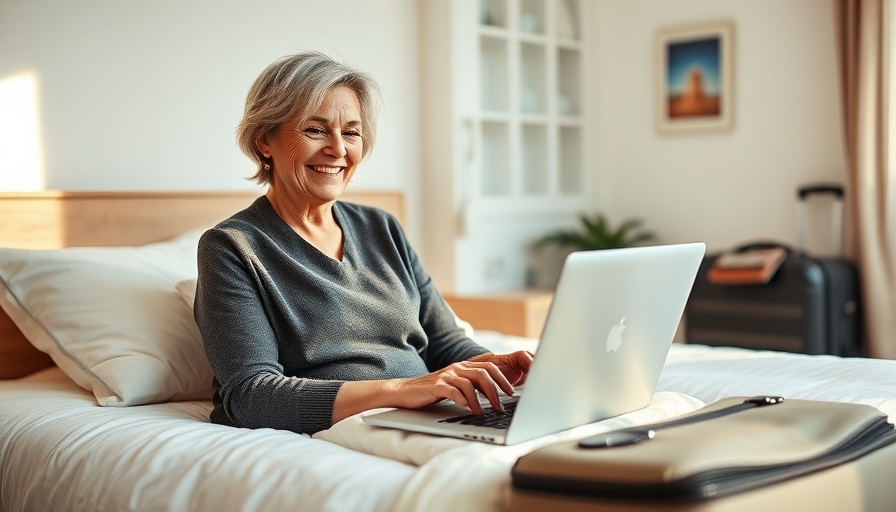 Senior woman planning with laptop sitting on bed next to suitcase.