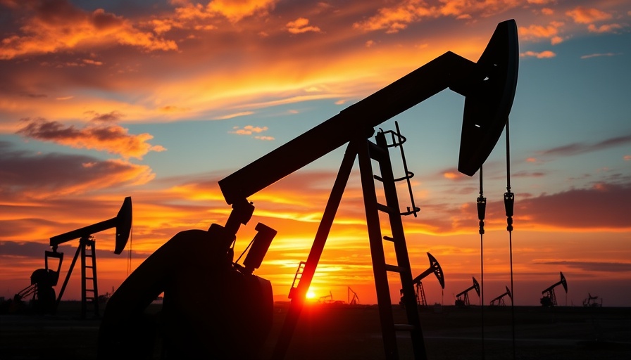 Silhouetted oil pump jack at sunset illustrating oil prices and US tariff impact.
