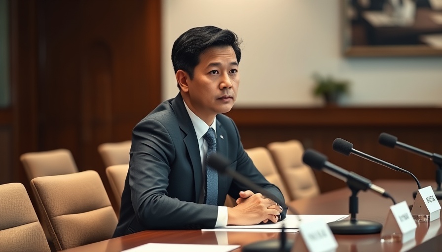Serious Asian man speaking at a conference table.