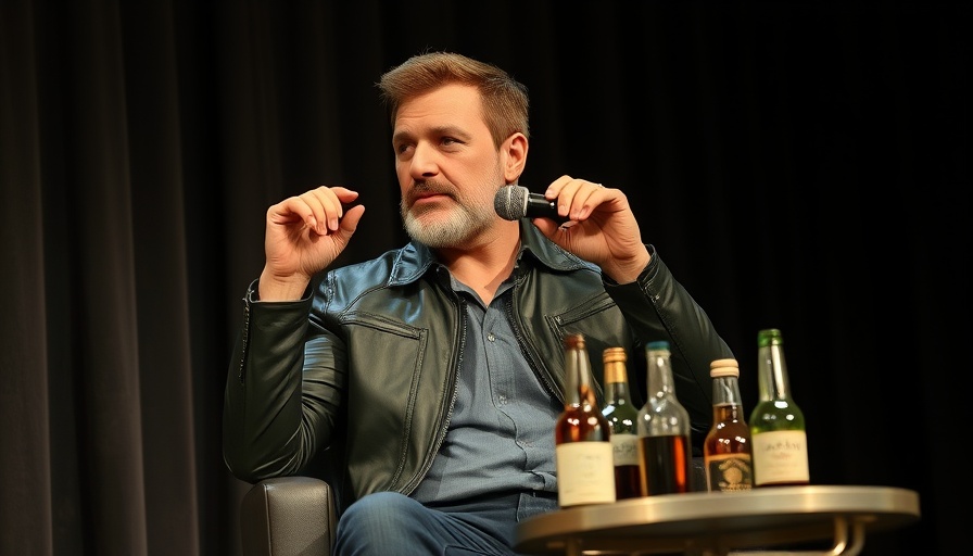 Man speaking at an event, leather jacket, microphone in hand.