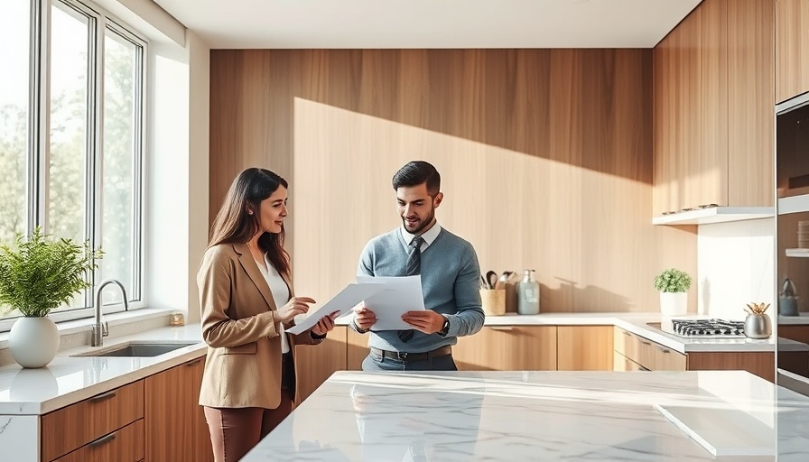 Home warranty discussion in a modern kitchen with professionals.