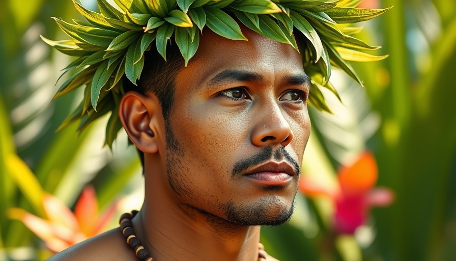 Pacific Islander man wearing leaf crown, symbolizing cultural heritage.