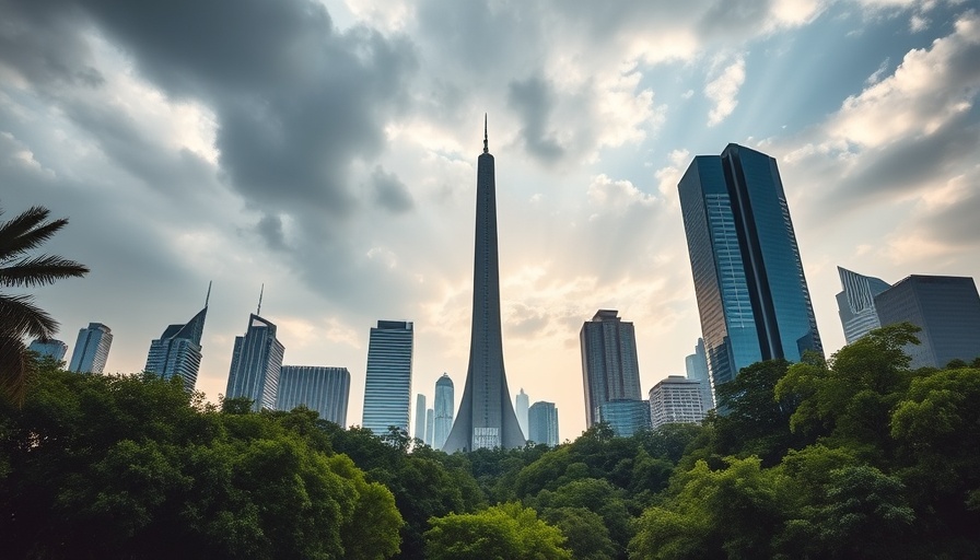 Dramatic skyline view with iconic building and lush greenery