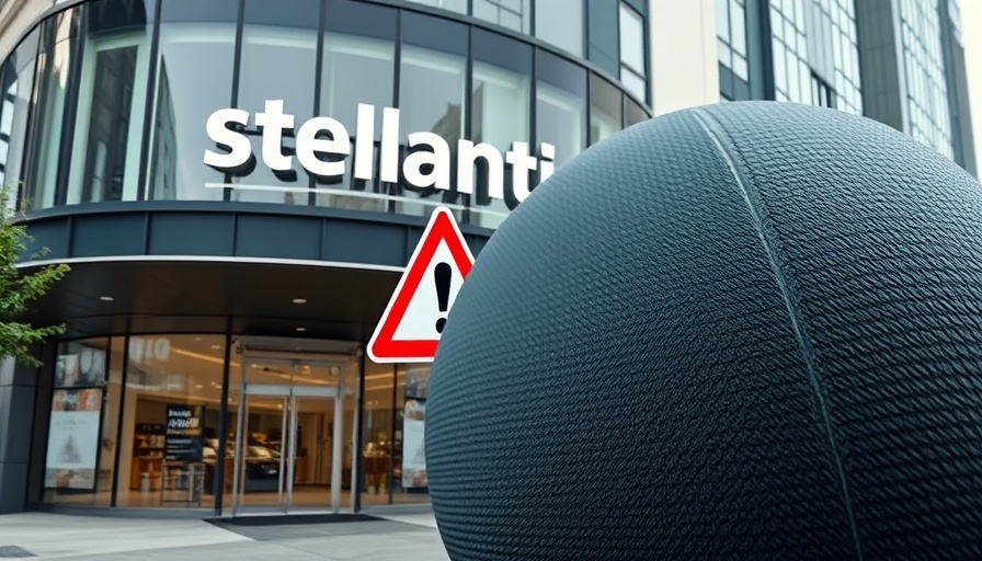 Stellantis airbag recall warning with building facade and airbag texture.