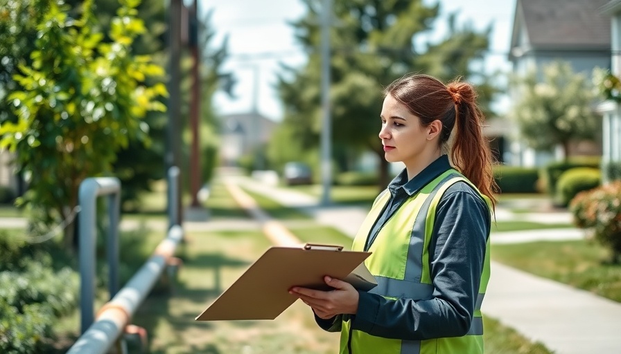 Woman inspecting utility pipes for DIY home improvement projects outdoors.