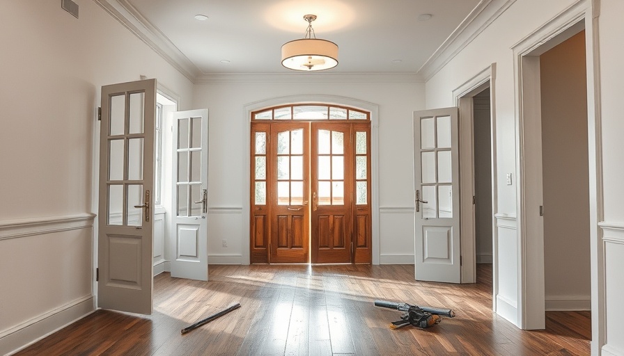 Renovated foyer with modern design elements and construction tools