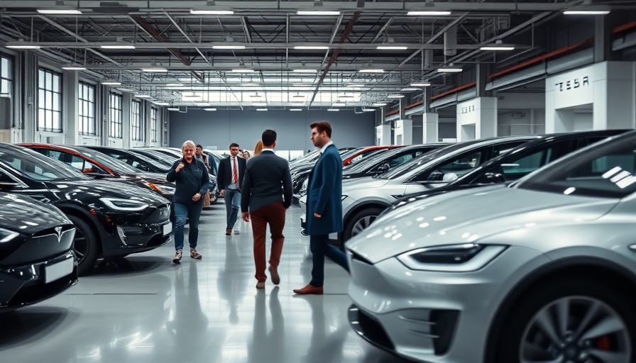 Indoor exhibition featuring Tesla cars highlighting sales growth in UK