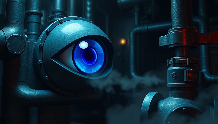 Pixel art of futuristic robotic eye with pipes and steam in gaming industry.