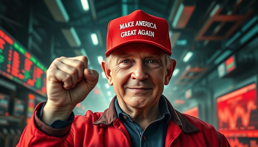 Man with 'Make America Great Again' hat, stock market graphics background.