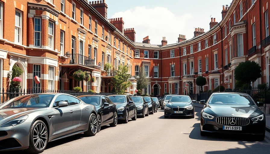 Luxury cars at red brick townhouses, UK urban scene.