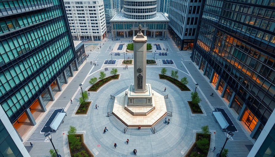 Aerial view of London financial district, central monument, modern buildings.