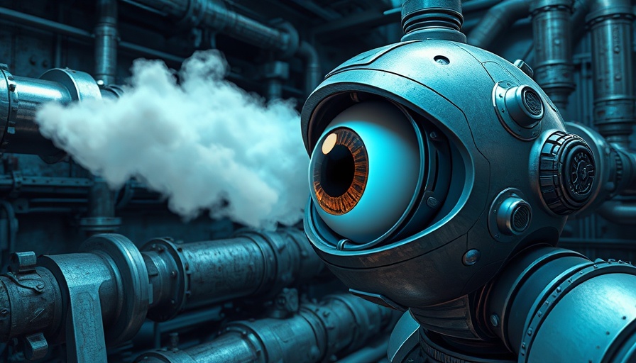 Futuristic robotic eye in an industrial setting with steam pipes.