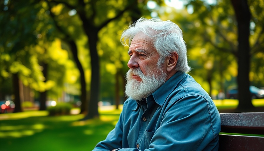 Elderly man in park, thoughtful expression, sitting on bench.