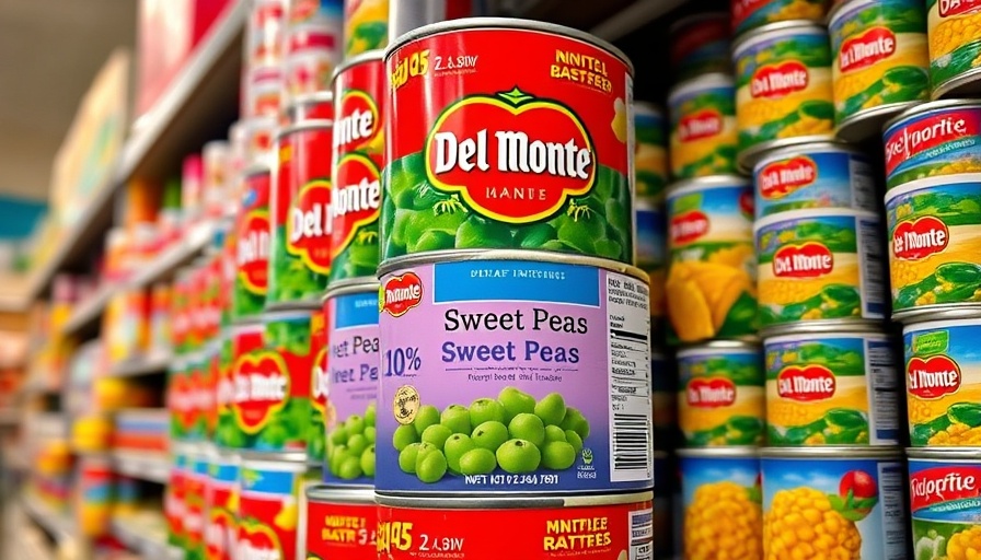 Del Monte canned goods on a supermarket shelf, colorful display.