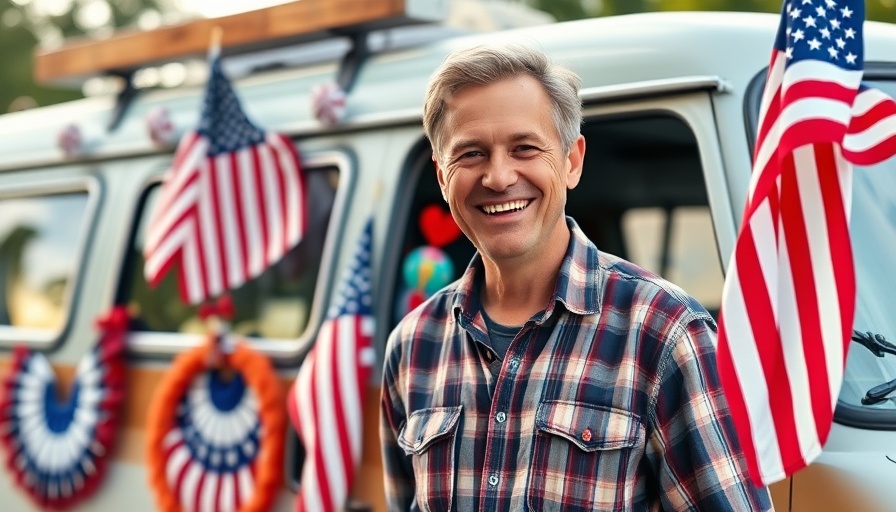 Smiling man by festive van for July 4th celebrations, outdoor event.