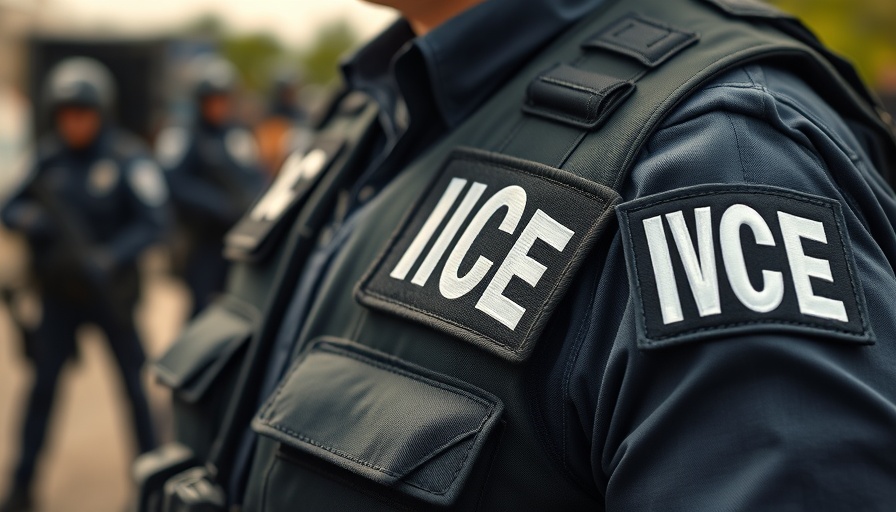 ICE officer vest in focus amidst outdoor setting