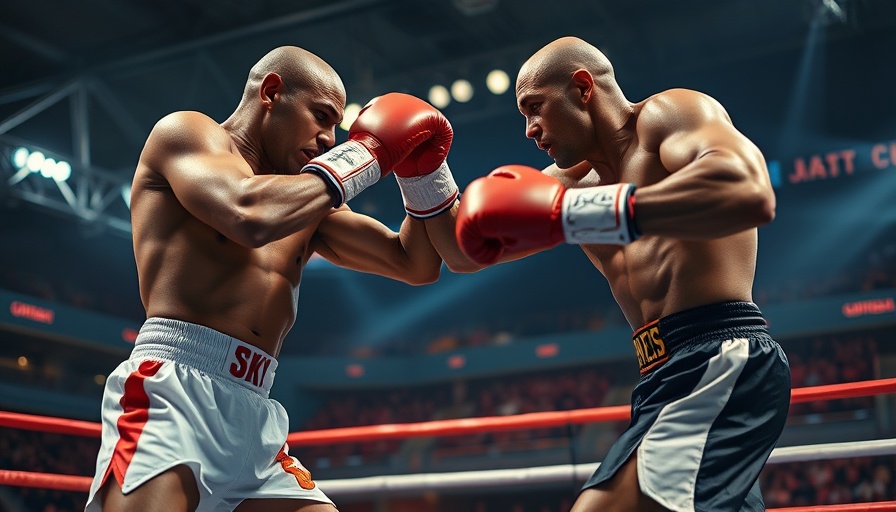 Intense boxing match scene with boxers exchanging punches.