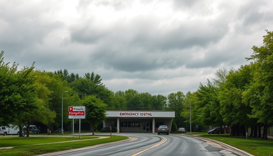 Rural hospital entrance sign under cloudy skies, Medicaid cuts impact.
