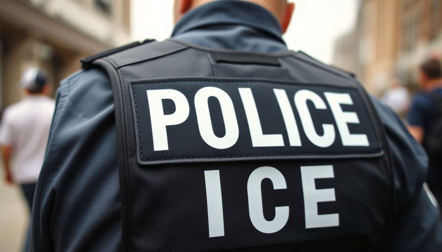 ICE officer's vest with 'POLICE ICE' text during daylight.