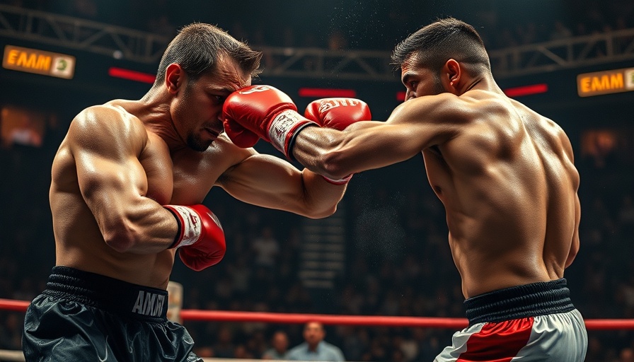 Intense boxing match with fighters exchanging powerful punches.