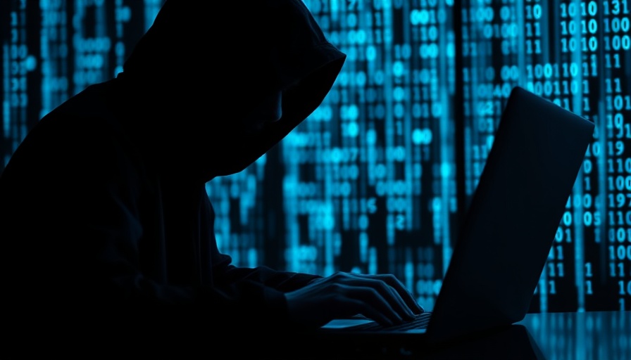 Hooded figure using laptop with binary code background, symbolizing cyber activity.
