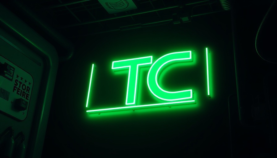 TechCrunch Disrupt 2025 neon TC logo glowing in dark