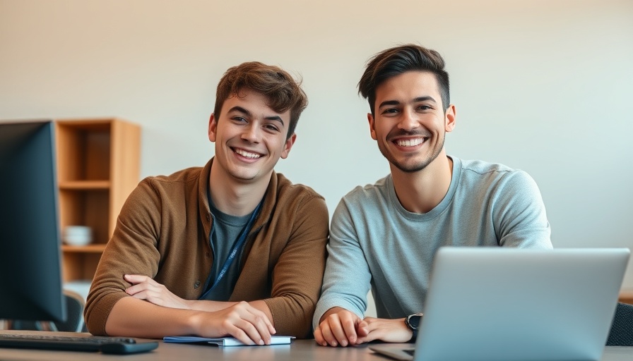 Two young men smiling while sitting at a desk, business startup funding.
