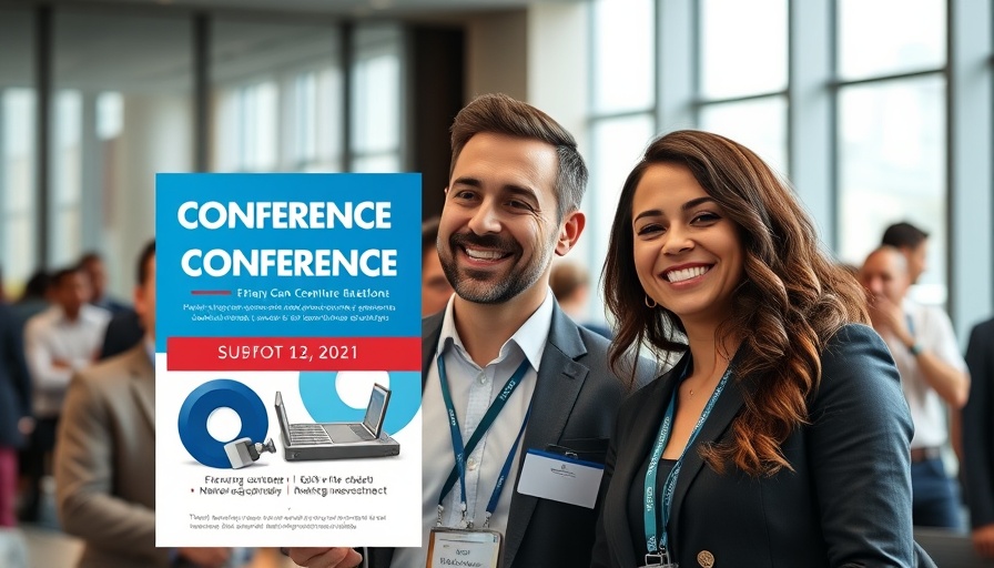 Business startup funding event with smiling professionals in digital poster.