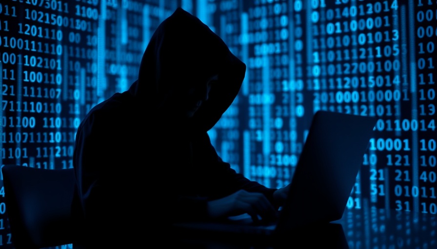 Silhouette of hooded figure using laptop with binary code background.