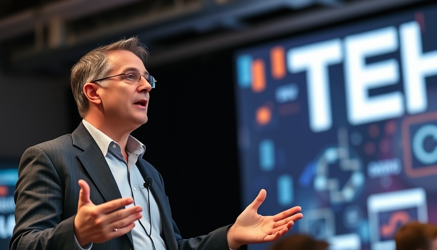 Middle-aged man speaking at tech conference, AI companies to pay for content.