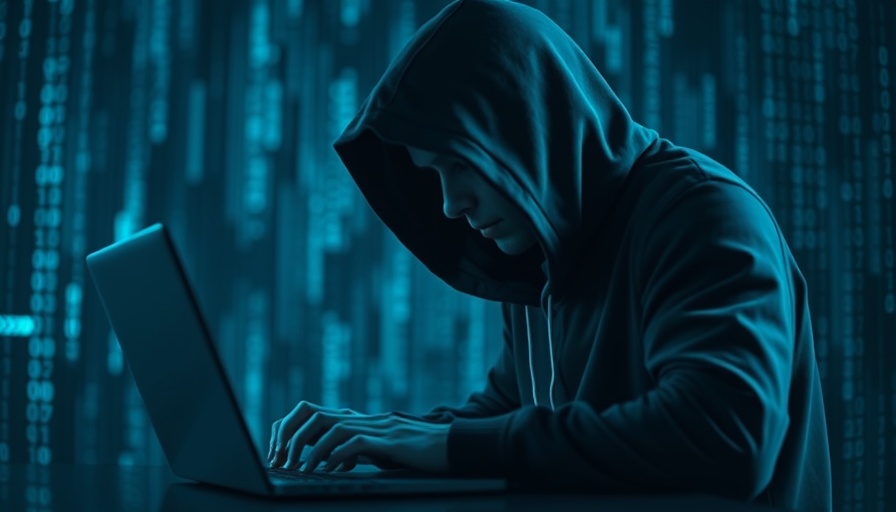 Silhouette of a hooded figure coding, digital binary background.