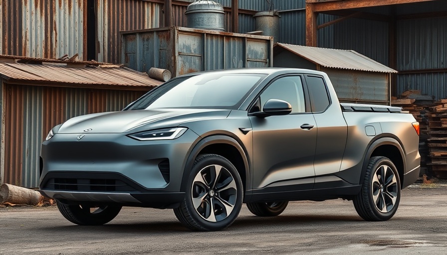 Matte grey electric pickup truck parked by metal wall