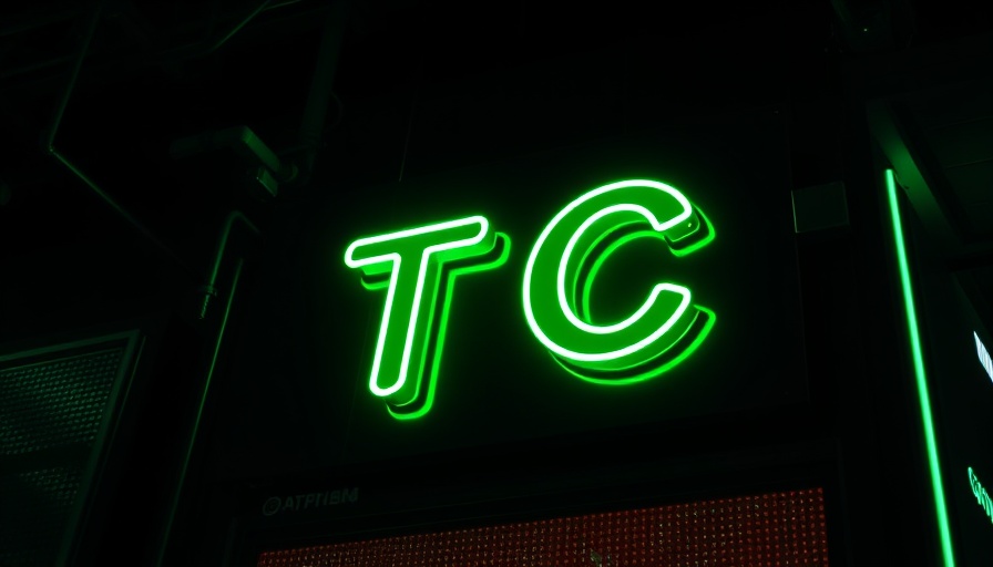Luminous green neon sign with T C letters, representing AI in Film Industry.