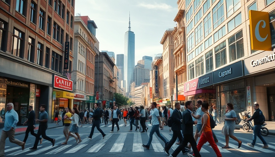 Busy urban street scene representing living car-free cities.