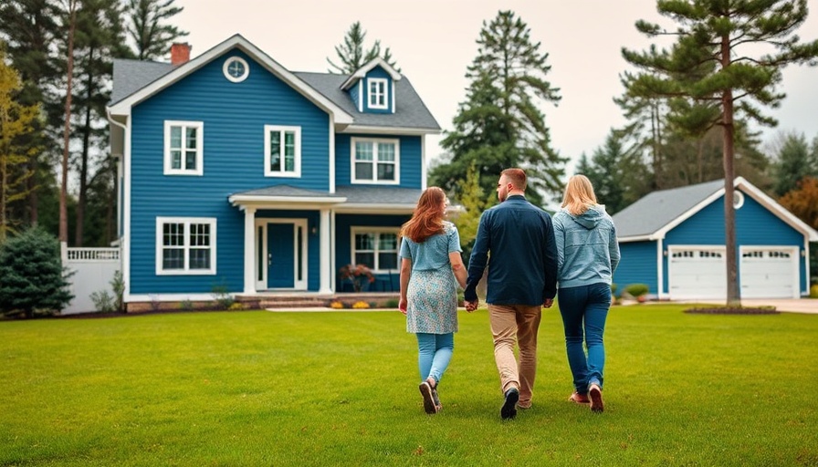 A real estate agent guides a couple towards a blue house.