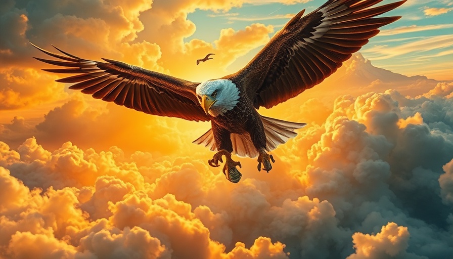 Surreal eagle carrying money bags symbolizing millionaire migrations.