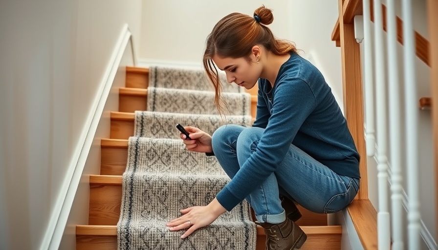 Young woman installing a DIY staircase runner on wooden stairs.