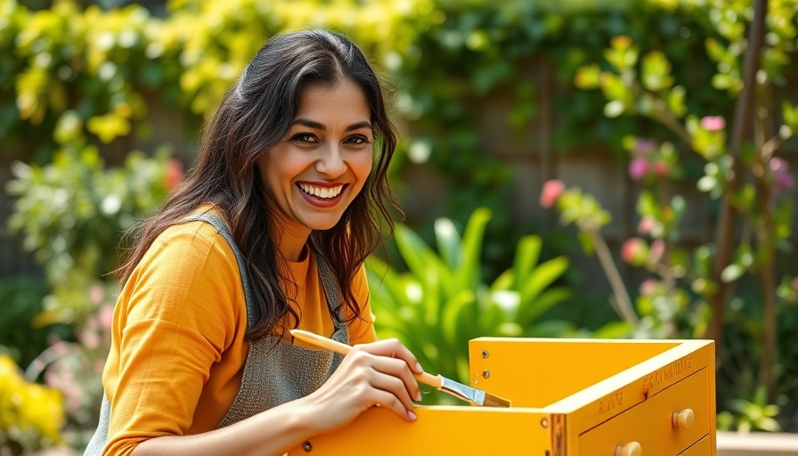 Cheerful woman painting a drawer outside, illustrating creative DIY.
