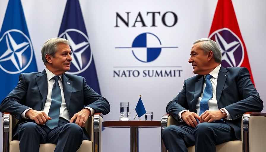 Diplomatic discussion at NATO summit amidst flags and banners.