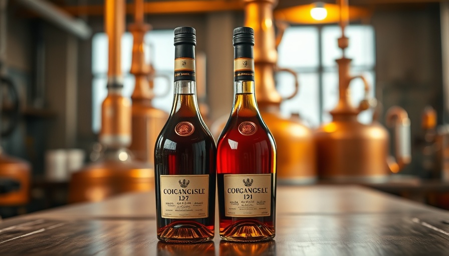 Cognac bottles in distillery setting