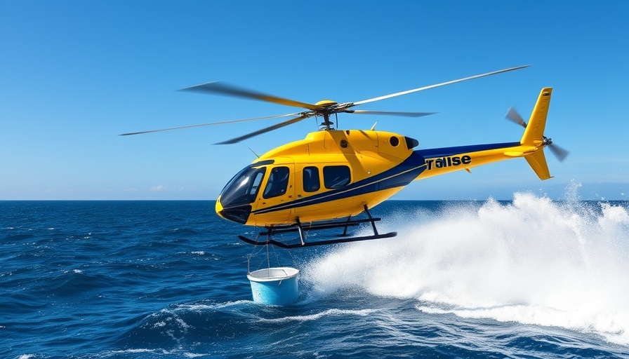 A helicopter fills a bucket from the sea, representing strategic resource planning.